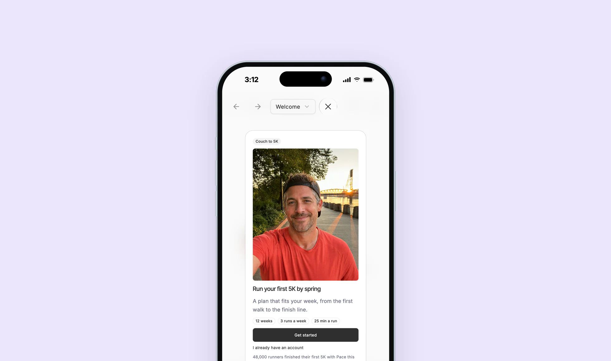 The onboarding prototype playing on an iPhone: Run your first 5K by spring, Get started.