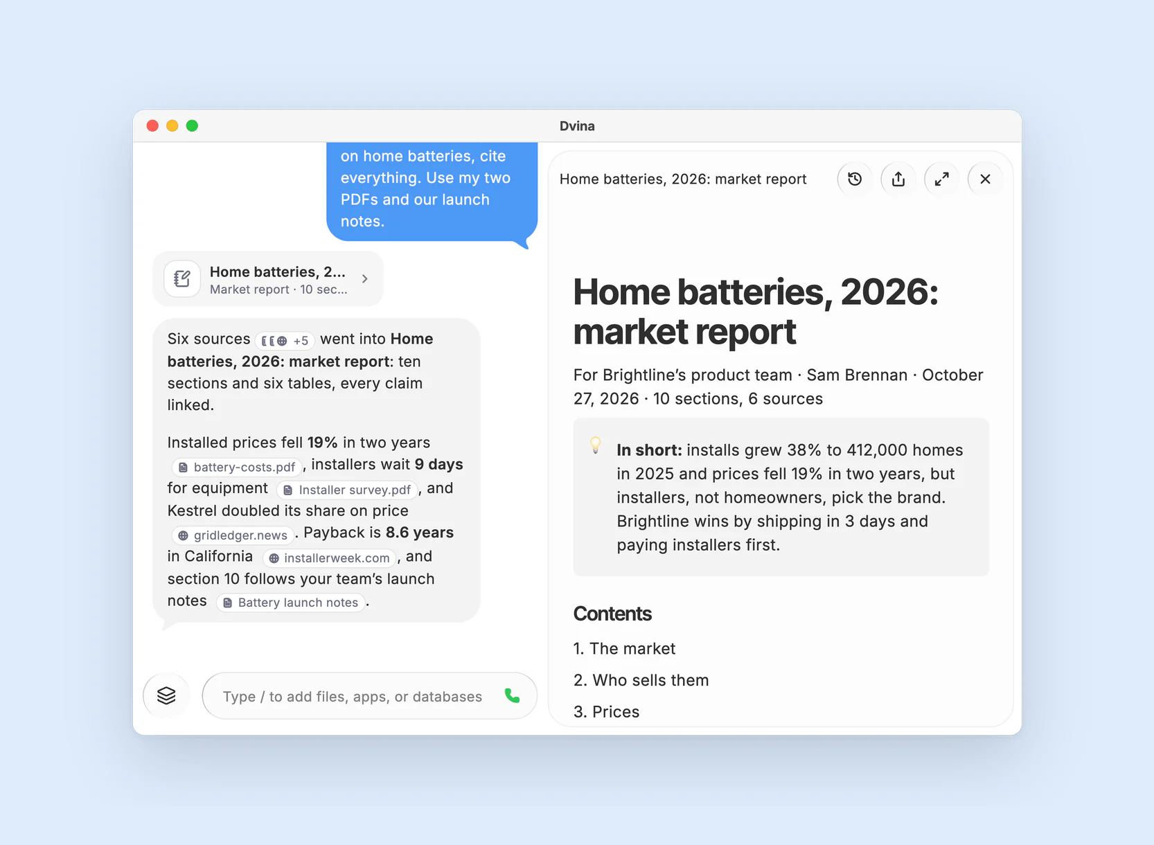 The finished report beside Dvina’s reply, whose sources mix web pages, two PDFs with their pages and the team’s launch notes.