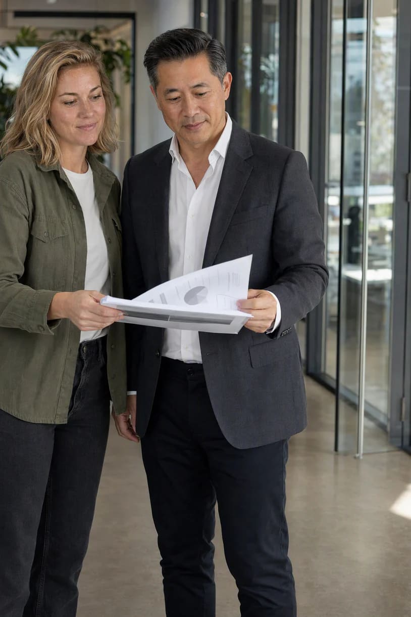 A marketer hands the printed report to her VP in a bright office hallway; he is already leafing to a chart.