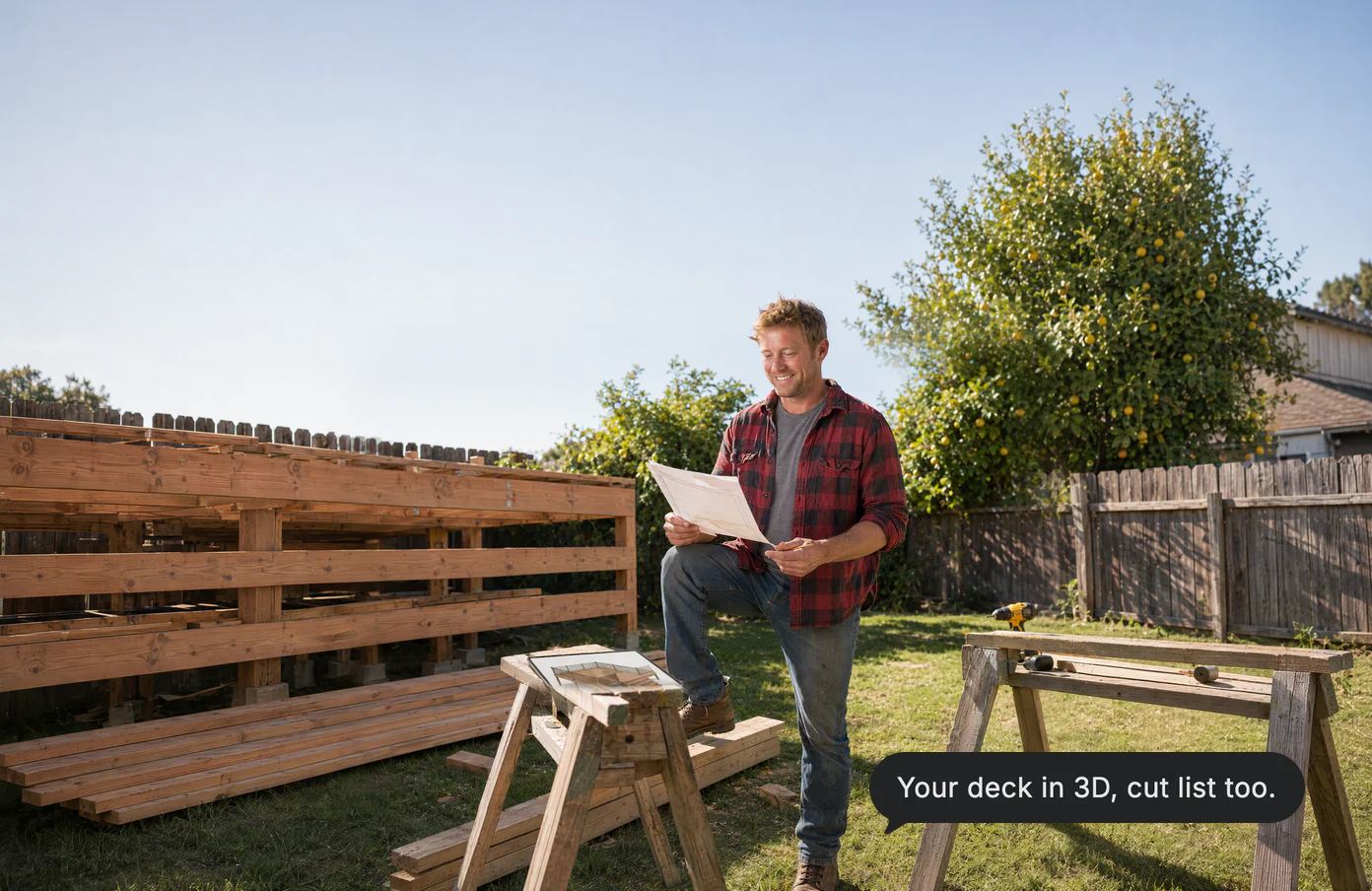 A man in his backyard among deck boards holds the printed cut list; Dvina’s answer: Your deck in 3D, cut list too.