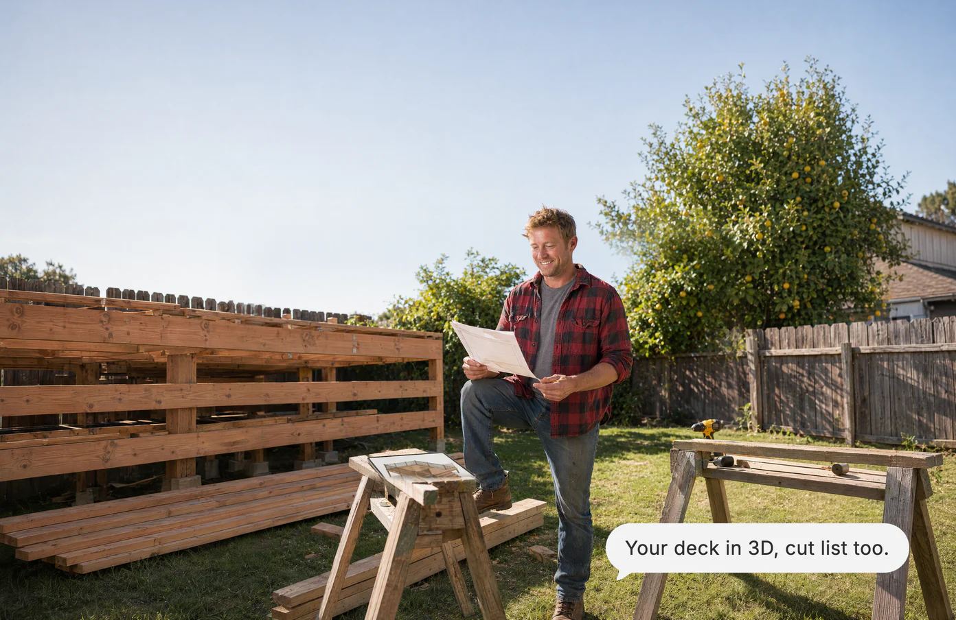 A man in his backyard among deck boards holds the printed cut list; Dvina’s answer: Your deck in 3D, cut list too.