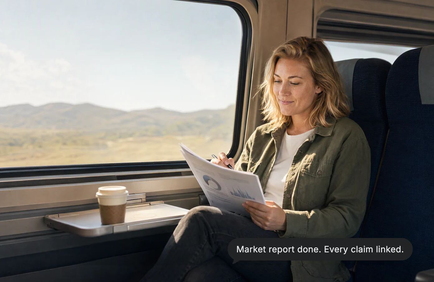 A marketer reads the printed market report on a morning train, circling a figure; Dvina’s answer: Market report done. Every claim linked.