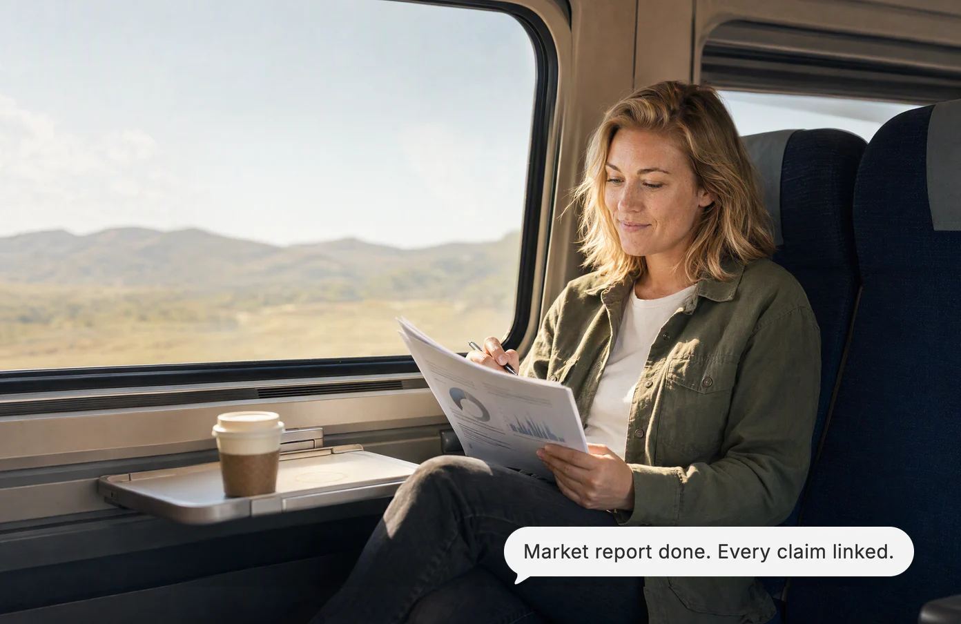 A marketer reads the printed market report on a morning train, circling a figure; Dvina’s answer: Market report done. Every claim linked.