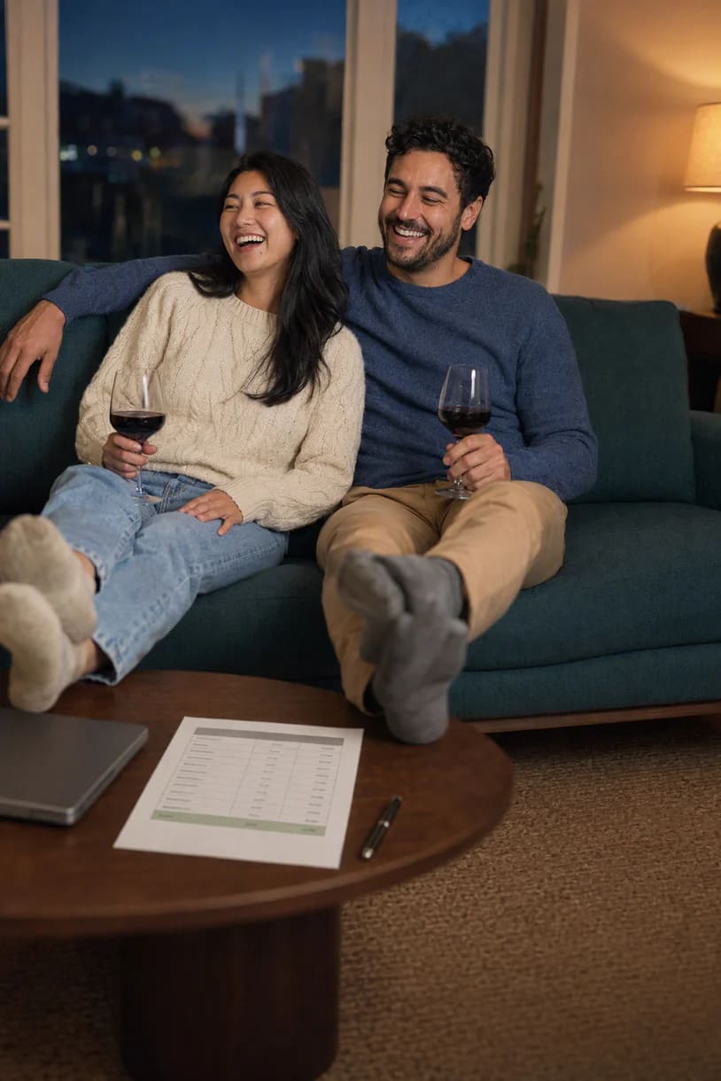 The couple on their sofa that evening, wine in hand, the printed budget on the coffee table.