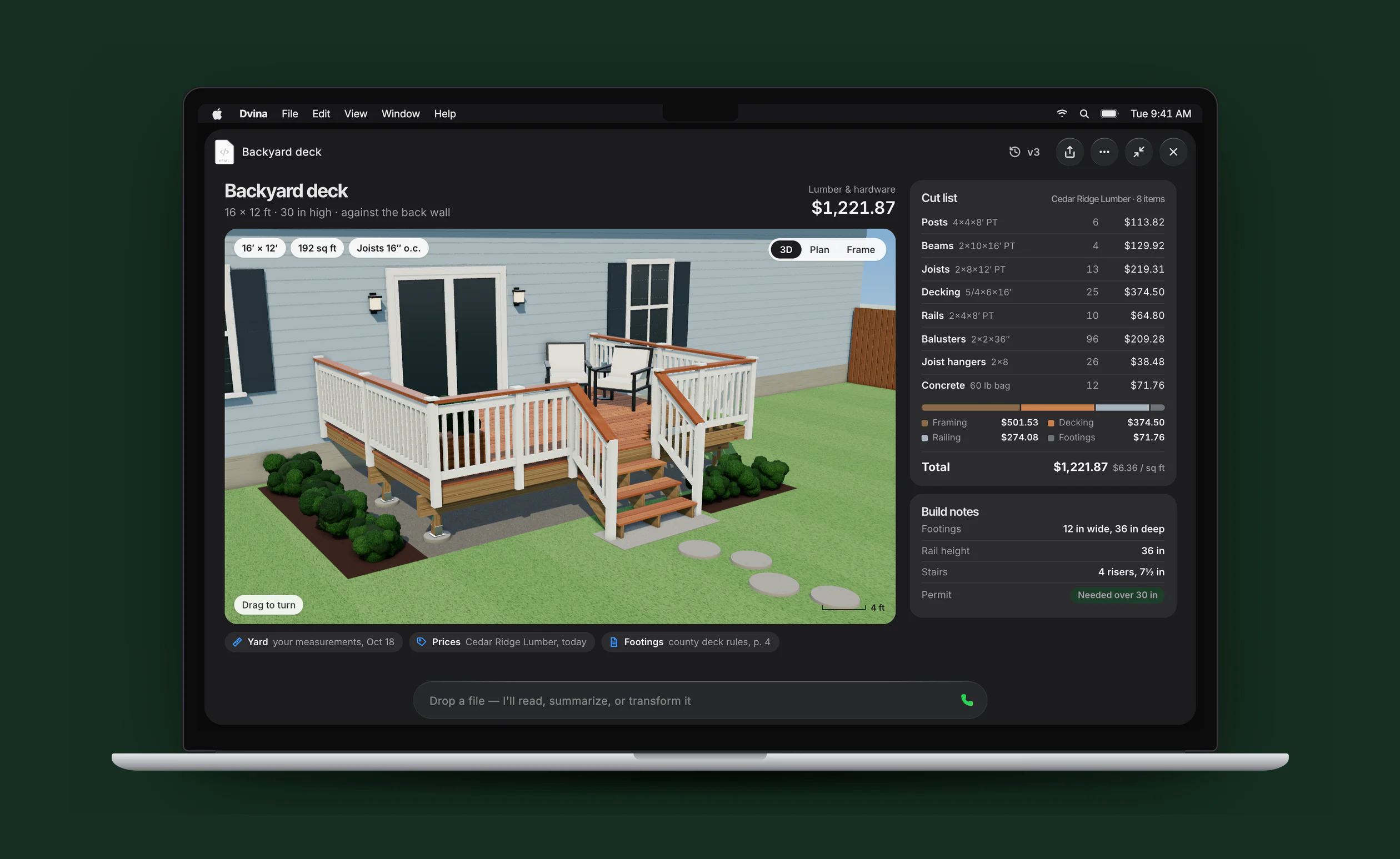 A backyard deck planner in 3D on a MacBook Pro: the deck you can turn, joists and railing, and its lumber cut list with prices.