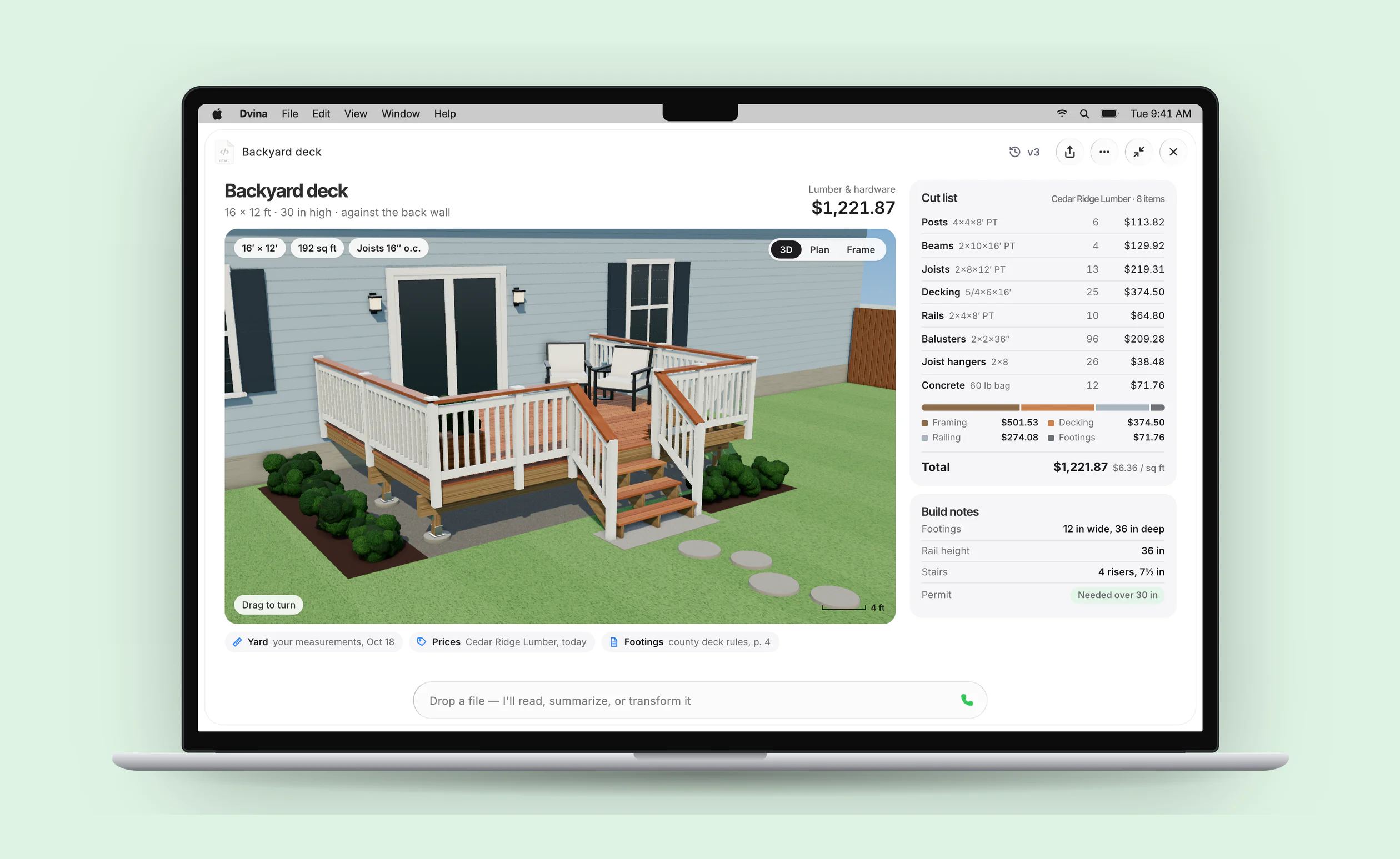 A backyard deck planner in 3D on a MacBook Pro: the deck you can turn, joists and railing, and its lumber cut list with prices.