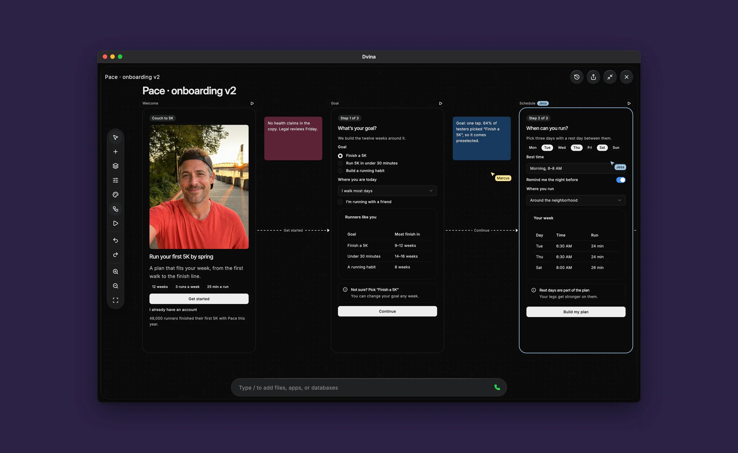 An Artboard with an onboarding flow for a running app: three screens linked by arrows, teammates’ notes and cursors beside them.