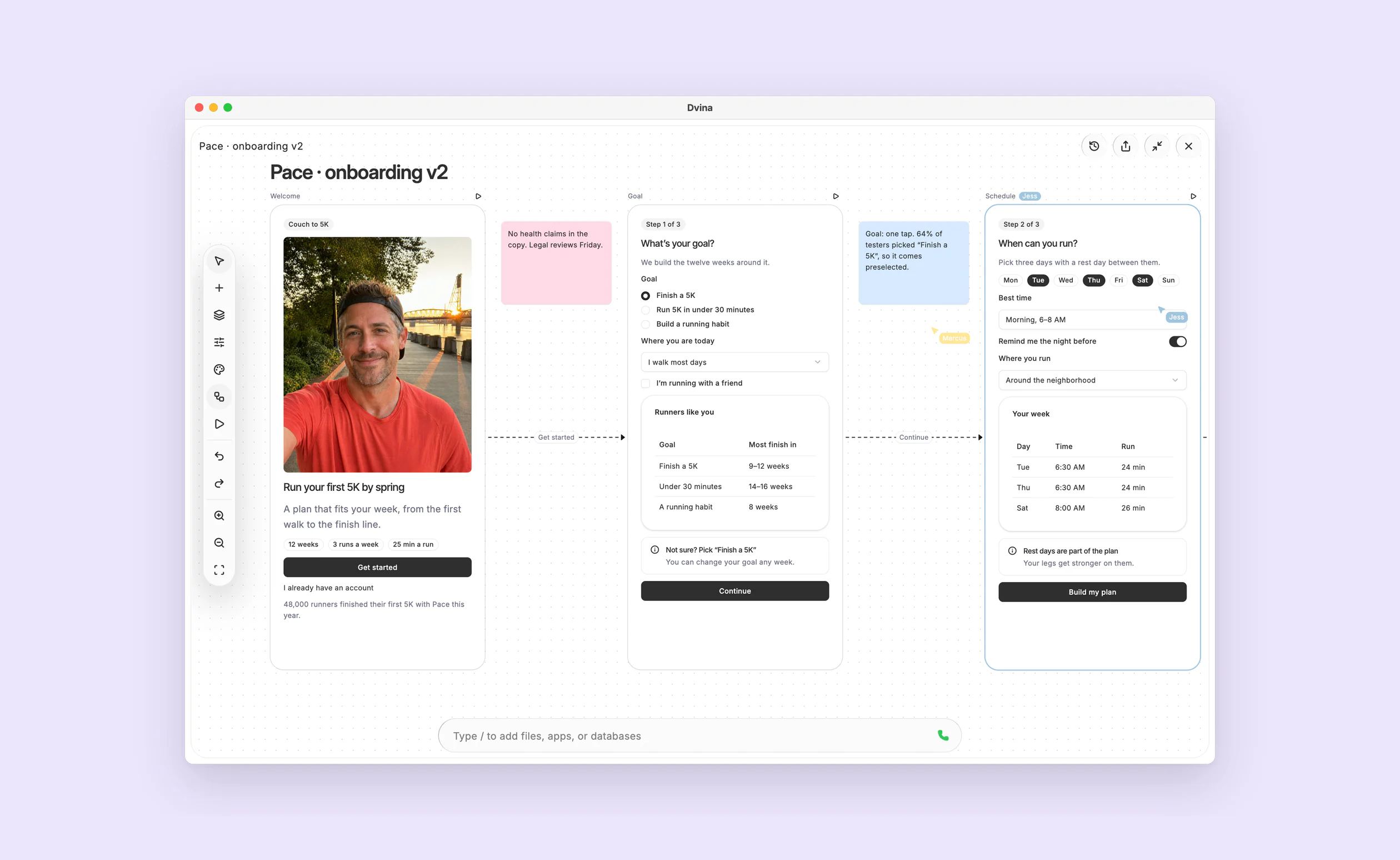 An Artboard with an onboarding flow for a running app: three screens linked by arrows, teammates’ notes and cursors beside them.