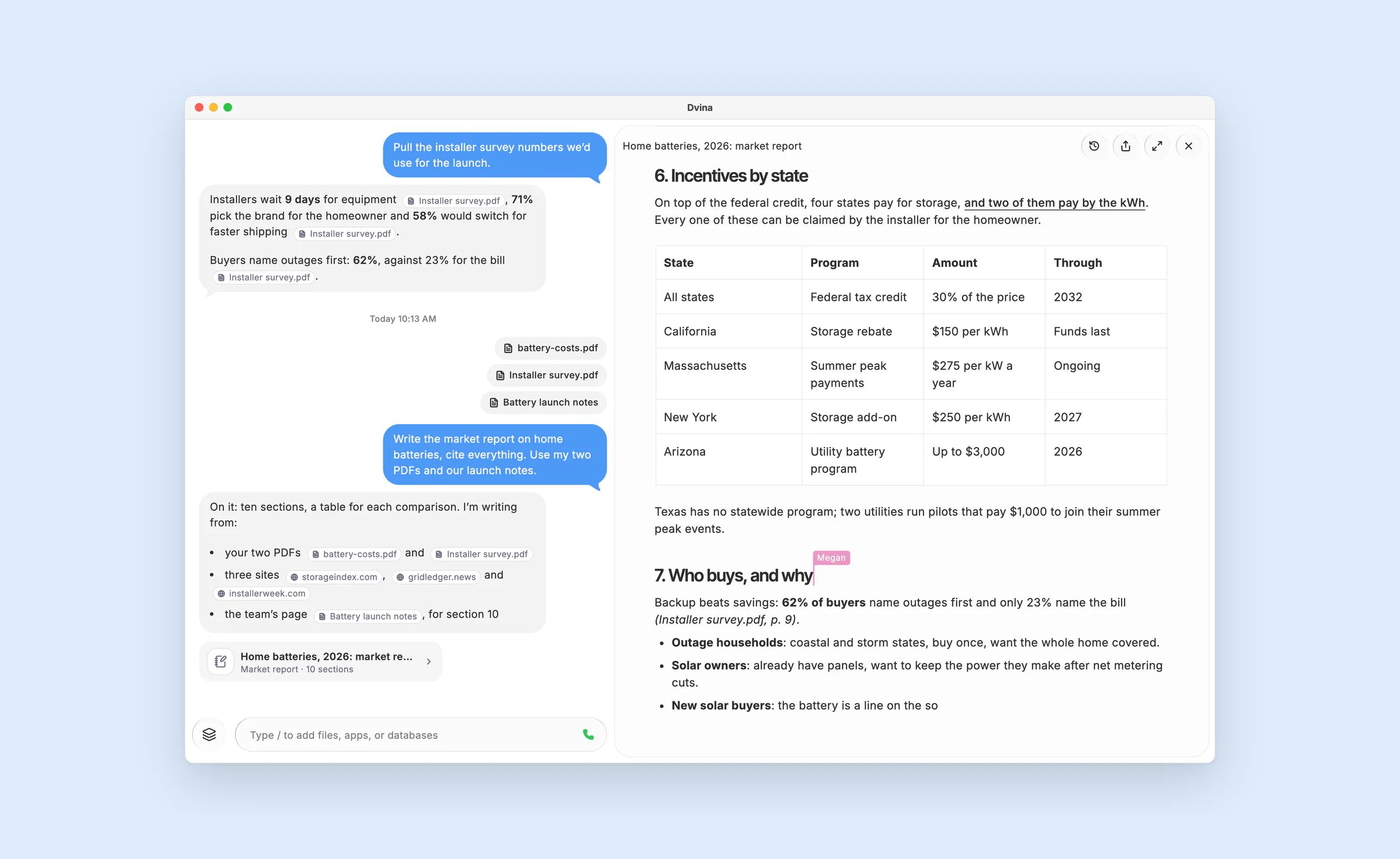 A ten-section market report on home batteries written live in Dvina: its state incentives table filling in, a teammate’s named caret on a heading.