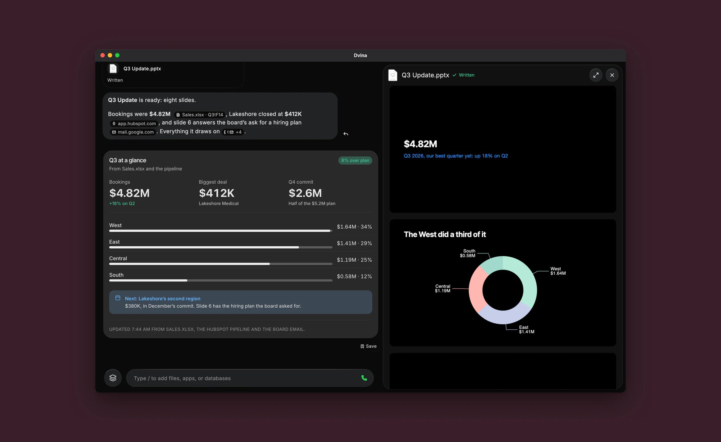 The finished Q3 update in Dvina: a Q3-at-a-glance card with the regional split beside the deck’s slides, $4.82M, the West’s third and the customer quote.
