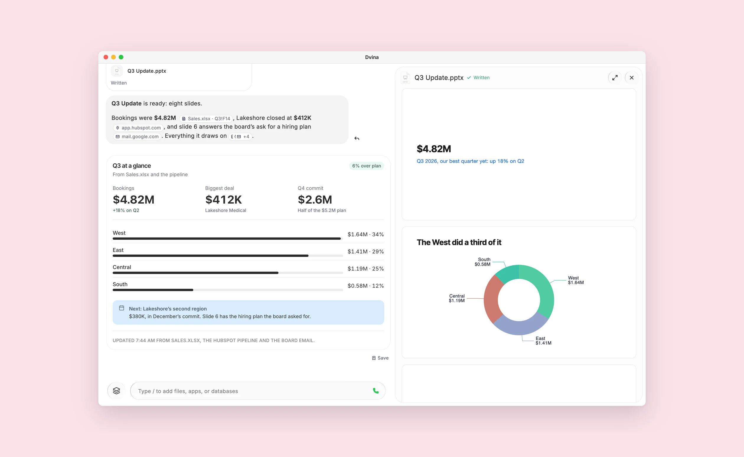 The finished Q3 update in Dvina: a Q3-at-a-glance card with the regional split beside the deck’s slides, $4.82M, the West’s third and the customer quote.