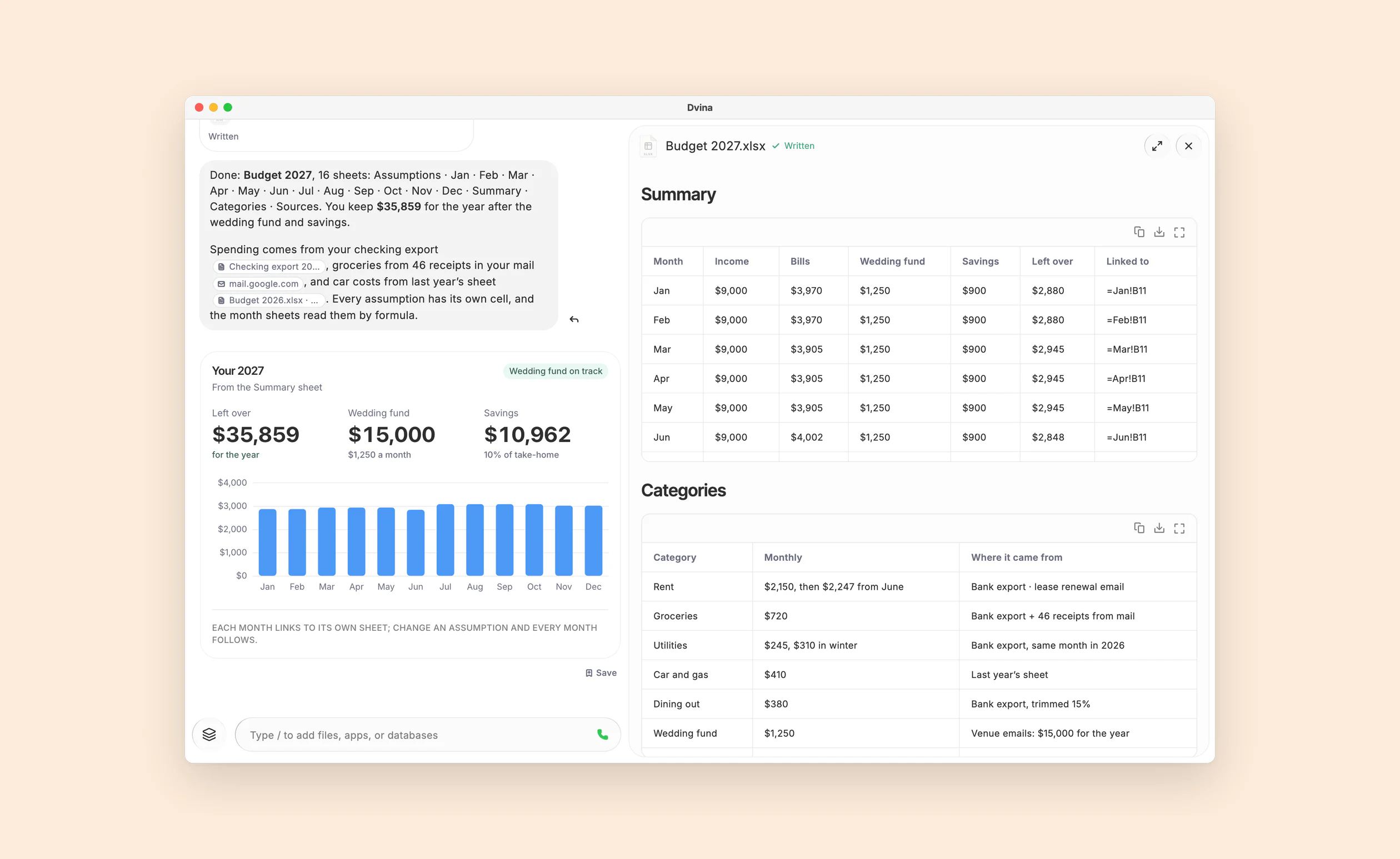 Budget 2027.xlsx in Dvina: the reply naming all sixteen sheets with a chart of what’s left each month, and the Summary sheet open beside it, each month linked from its own sheet.