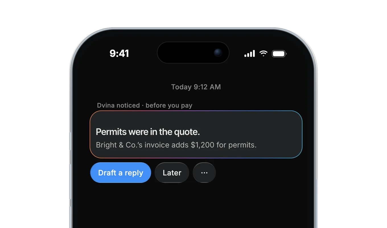 Dvina's card on an iPhone: Permits were in the quote. Bright & Co.'s invoice adds $1,200 for permits, with Draft a reply.