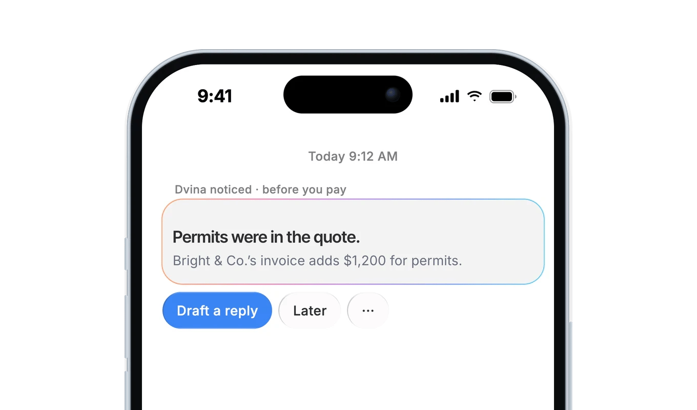 Dvina's card on an iPhone: Permits were in the quote. Bright & Co.'s invoice adds $1,200 for permits, with Draft a reply.