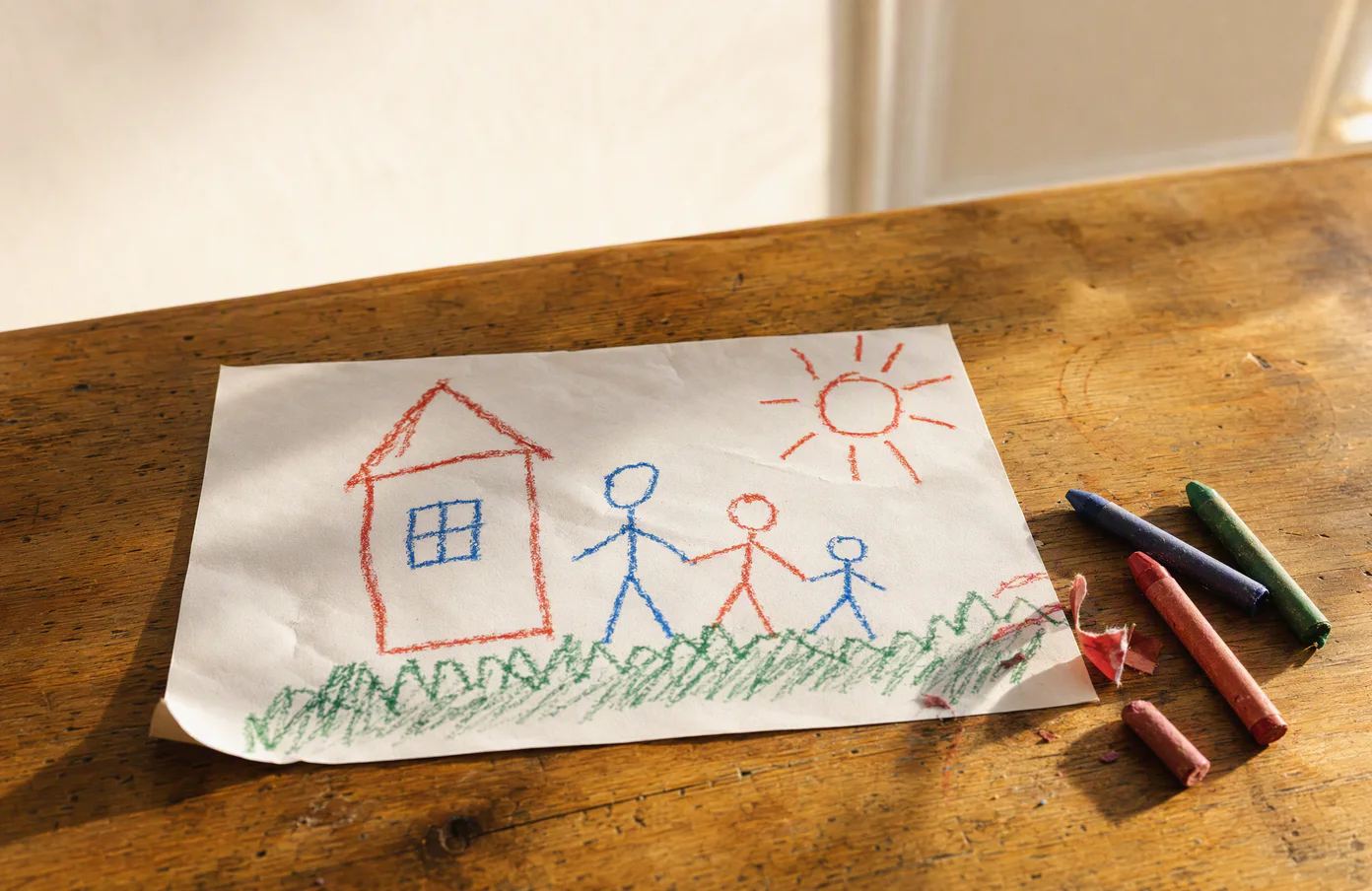 A child’s crayon drawing on a wooden kitchen table in morning light, a few crayons beside it.