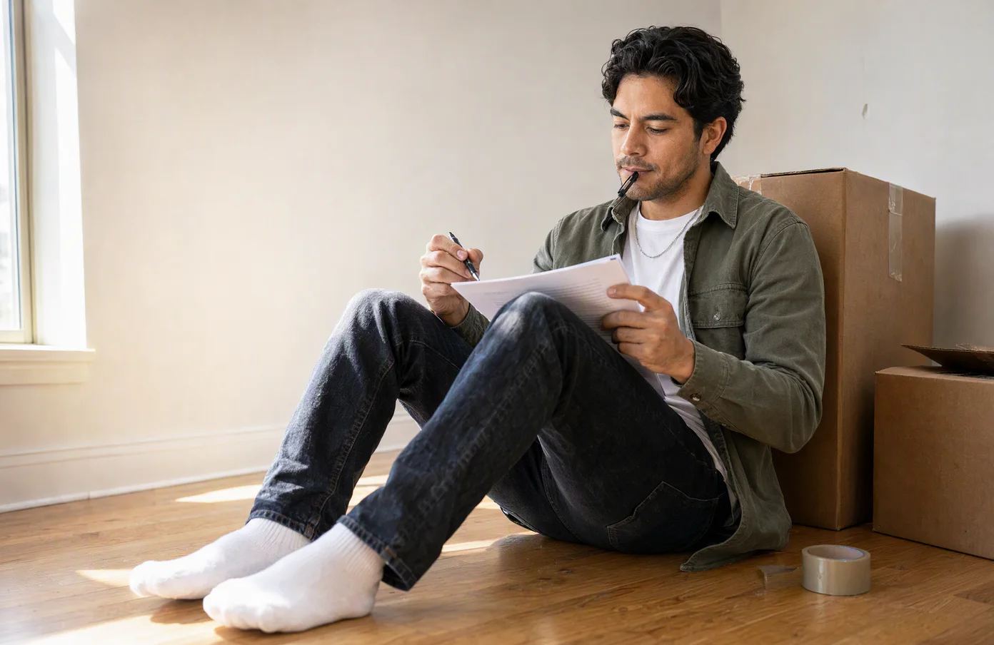 Diego sits on the floor of his empty new apartment against a moving box, about to underline a line of his printed lease.