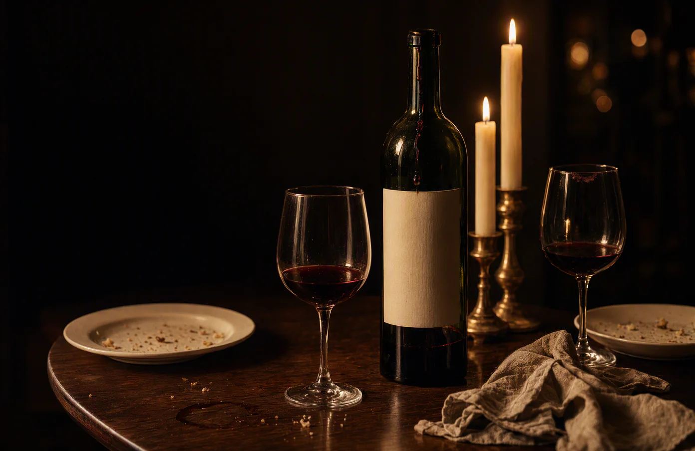 A dinner table late in the evening, candles low, a bottle of red wine beside two glasses and plates pushed aside.