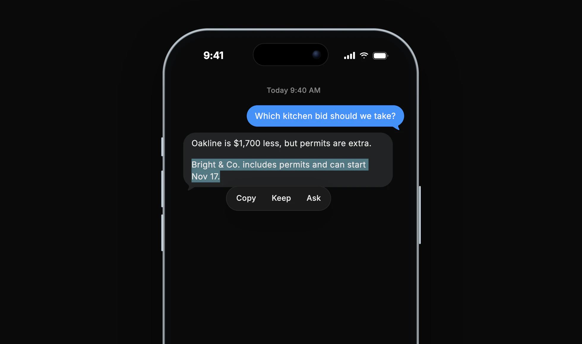 Dvina's answer comparing two kitchen bids on an iPhone, the words about Bright & Co.'s permits selected, with Keep and Ask above them.
