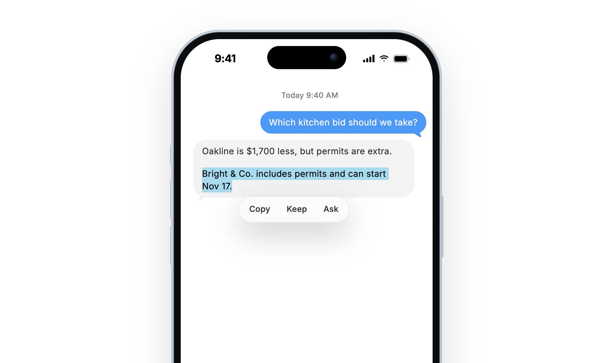 Dvina's answer comparing two kitchen bids on an iPhone, the words about Bright & Co.'s permits selected, with Keep and Ask above them.
