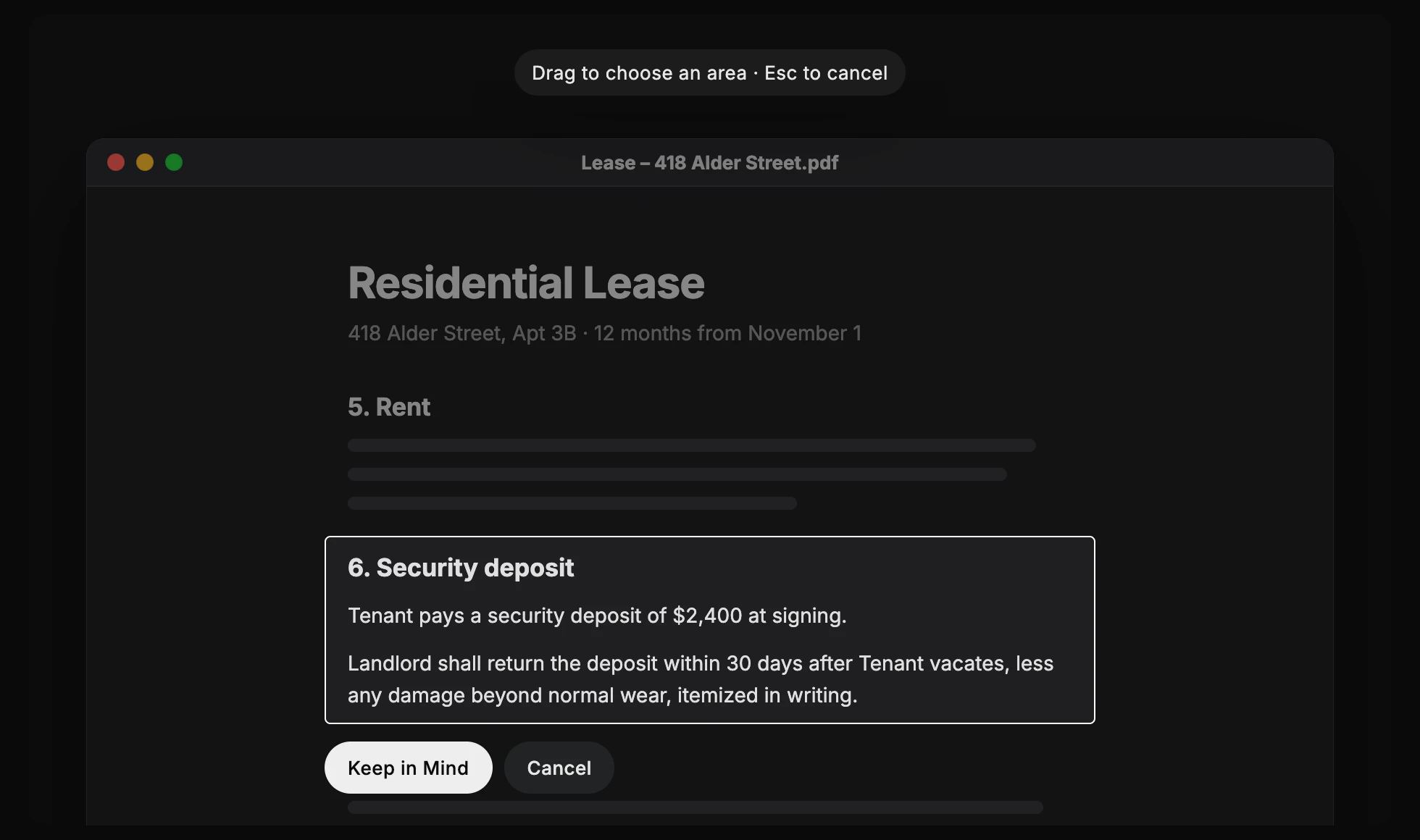 A lease open on a Mac, the screen dimmed except its security deposit section, with Keep in Mind and Cancel under it.