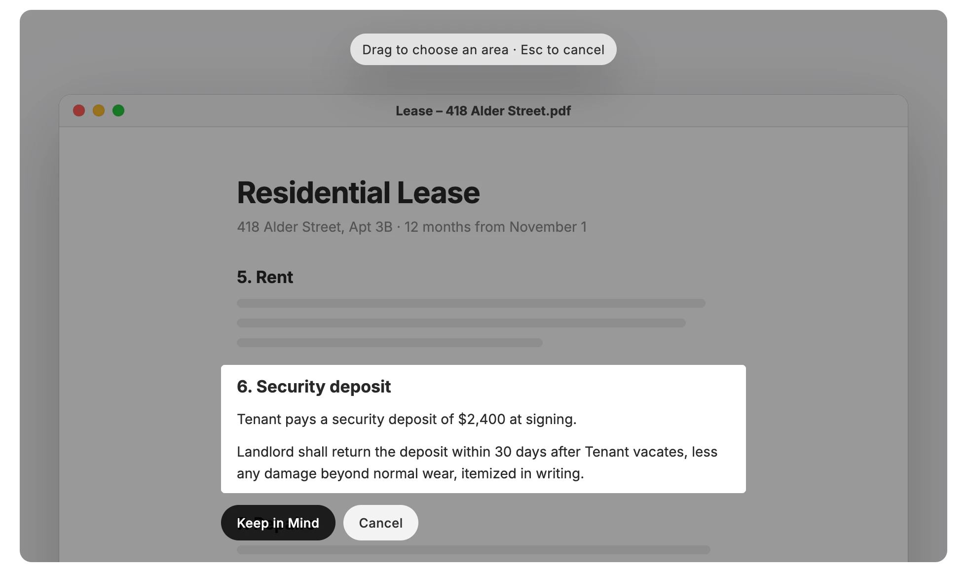 A lease open on a Mac, the screen dimmed except its security deposit section, with Keep in Mind and Cancel under it.
