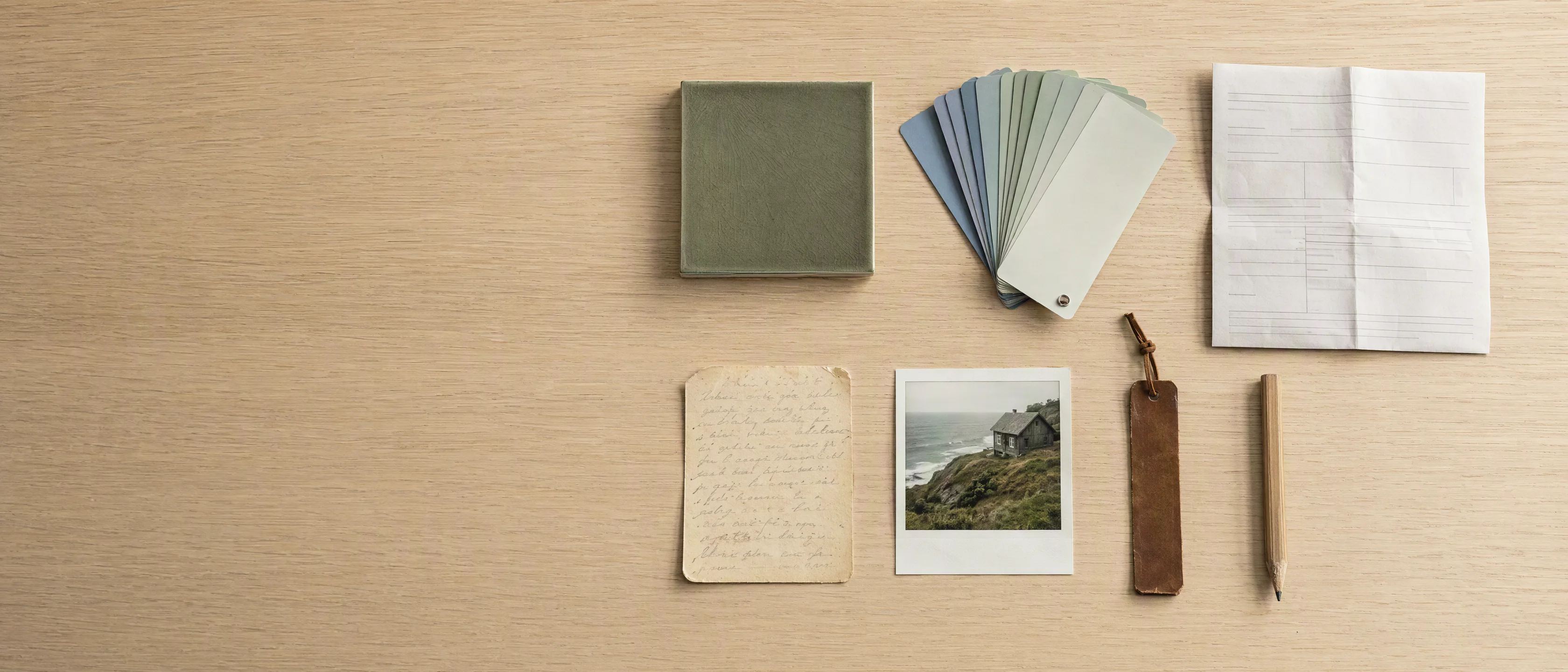 A tile sample, a paint fan, a folded quote, a handwritten recipe card and a photo of a coastal cabin, laid out neatly on an oak table.