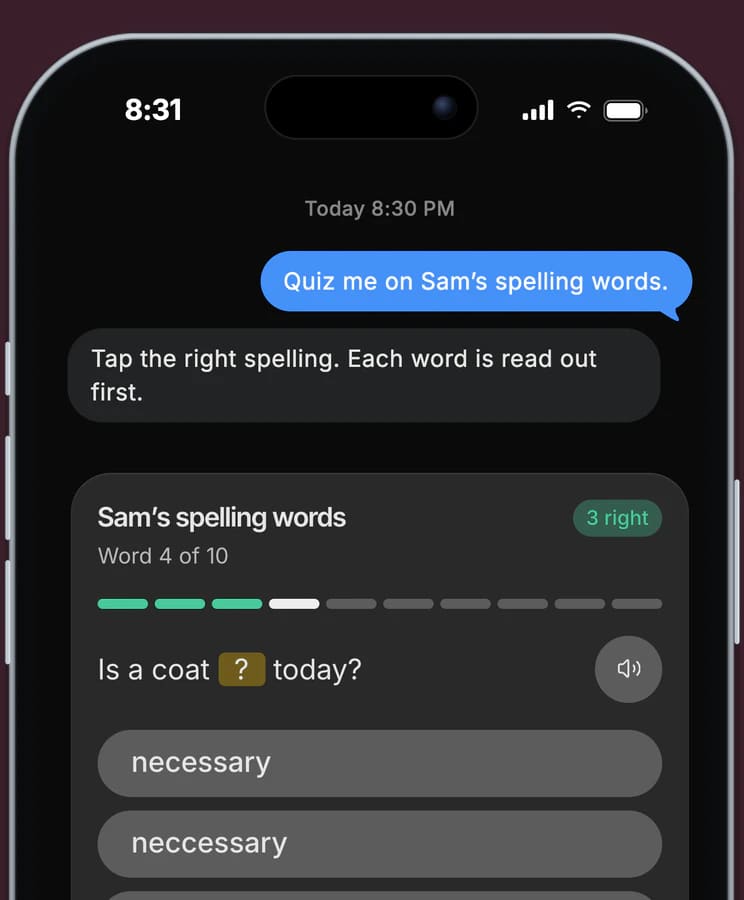 Dvina su un iPhone: le parole di Sam da imparare a scrivere diventano un gioco. Parola 4 di 10, tre forme tra cui scegliere toccando lo schermo e un pulsante per ascoltare la parola.