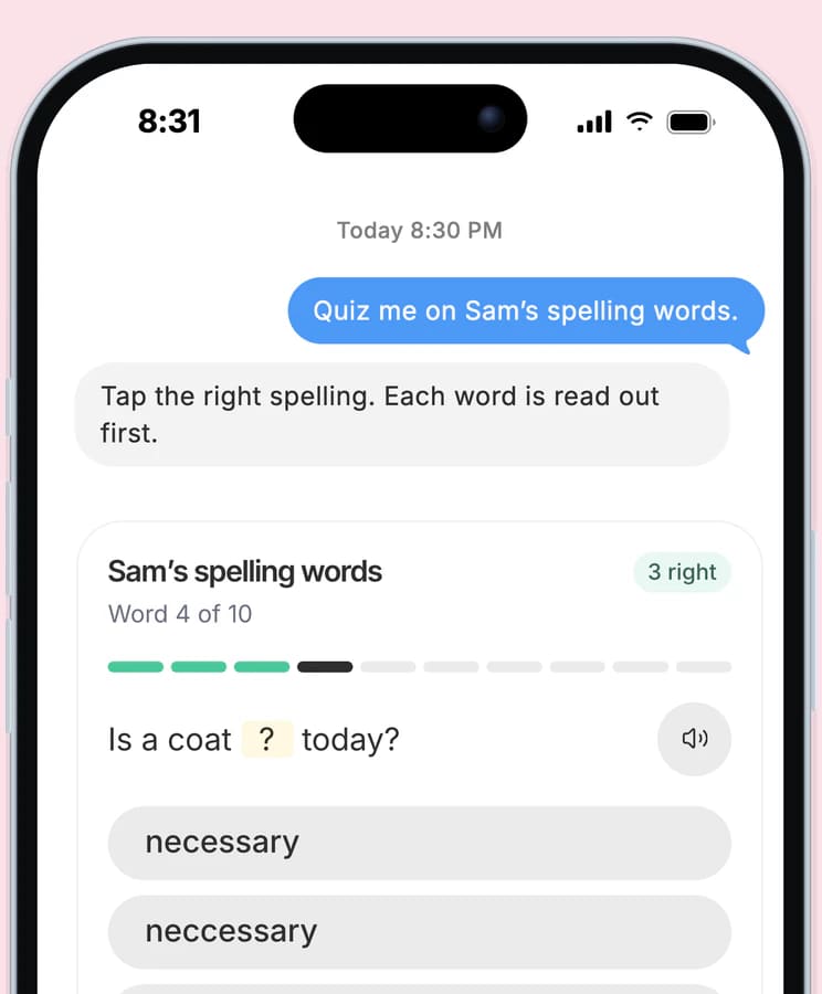 Dvina su un iPhone: le parole di Sam da imparare a scrivere diventano un gioco. Parola 4 di 10, tre forme tra cui scegliere toccando lo schermo e un pulsante per ascoltare la parola.