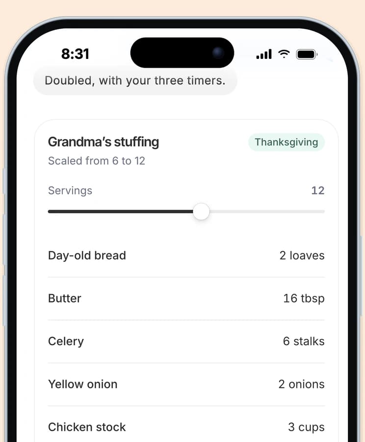 Dvina su un iPhone: il ripieno della nonna adattato da 6 a 12 persone, gli ingredienti raddoppiati, tre timer da cucina, «Rosolare» a 6:42.