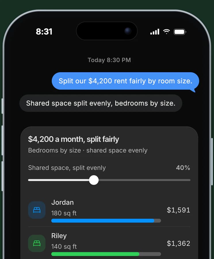 Dvina su un iPhone: 4.200 $ al mese divisi equamente. Jordan: 1.591 $, Riley: 1.362 $, Sam: 1.247 $. La quota degli spazi comuni, pari al 40 percento, è divisa in parti uguali.