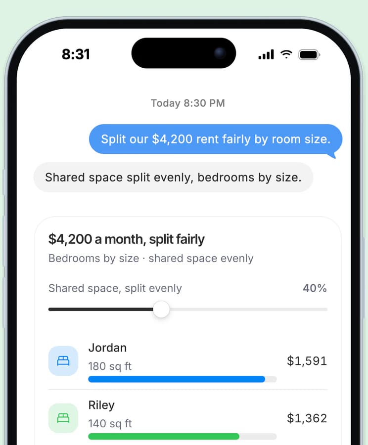 Dvina su un iPhone: 4.200 $ al mese divisi equamente. Jordan: 1.591 $, Riley: 1.362 $, Sam: 1.247 $. La quota degli spazi comuni, pari al 40 percento, è divisa in parti uguali.