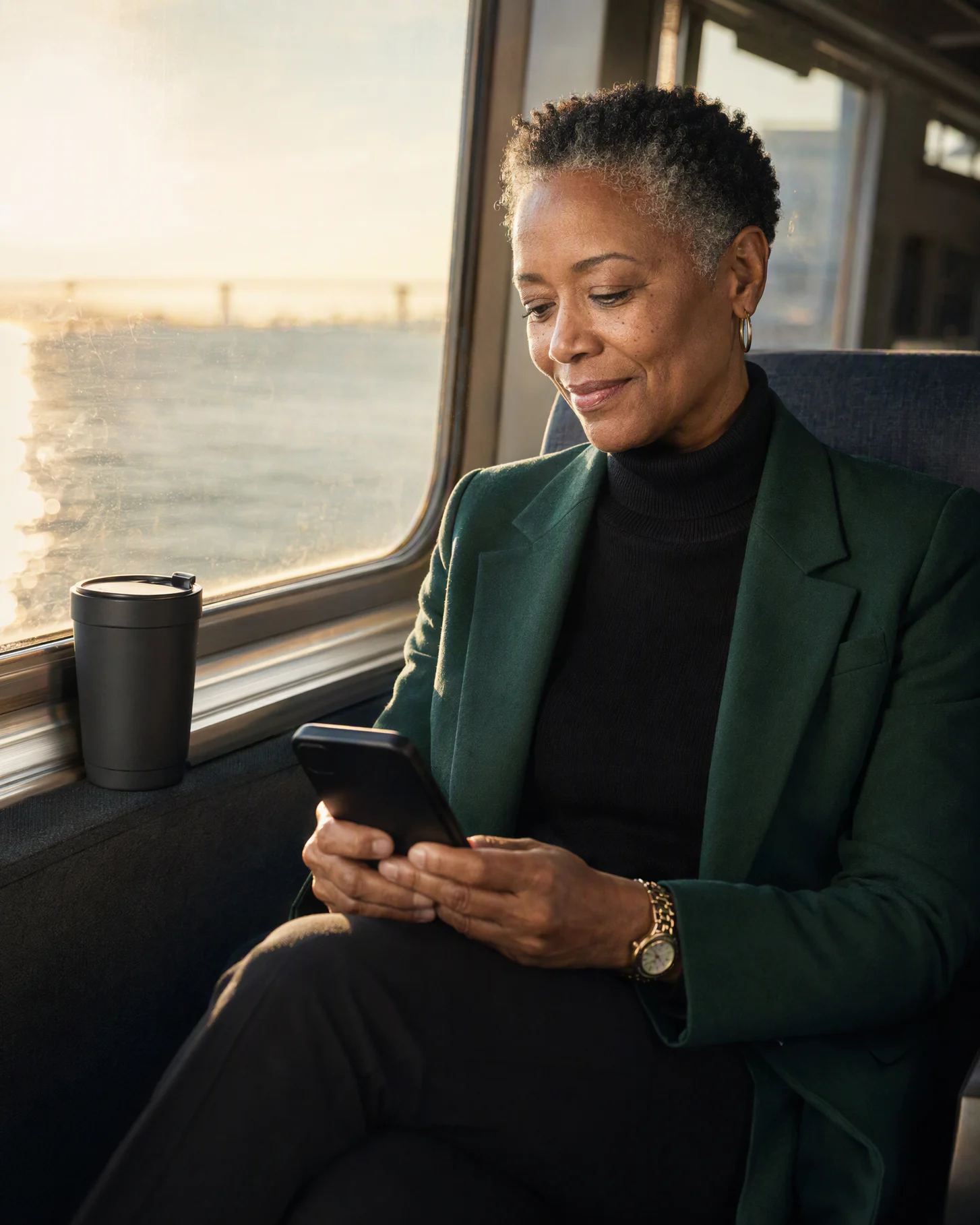 Su un treno del mattino che costeggia la baia, una donna con una giacca verde smeraldo guarda il telefono.