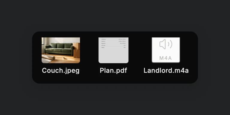 One message sent with a photo of a couch, a PDF floor plan and a voice memo.