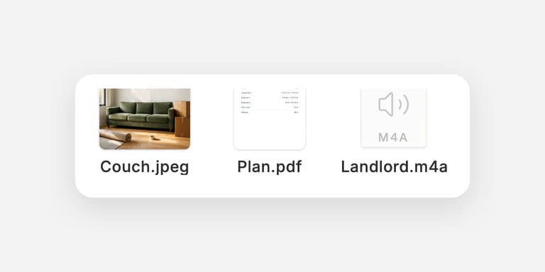 One message sent with a photo of a couch, a PDF floor plan and a voice memo.