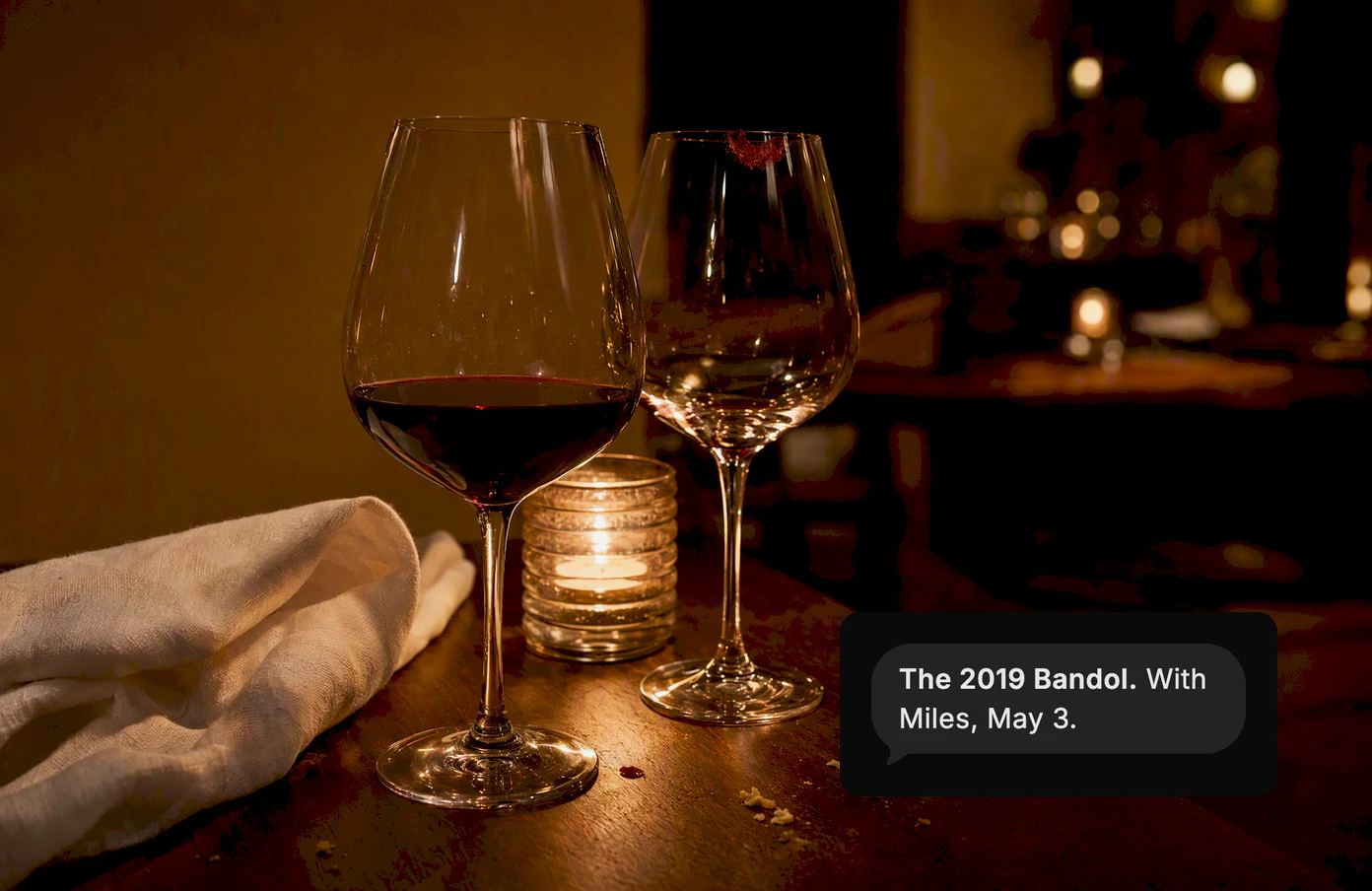 Two wine glasses on a restaurant table after dinner. Dvina: The 2019 Bandol. With Miles, May 3.