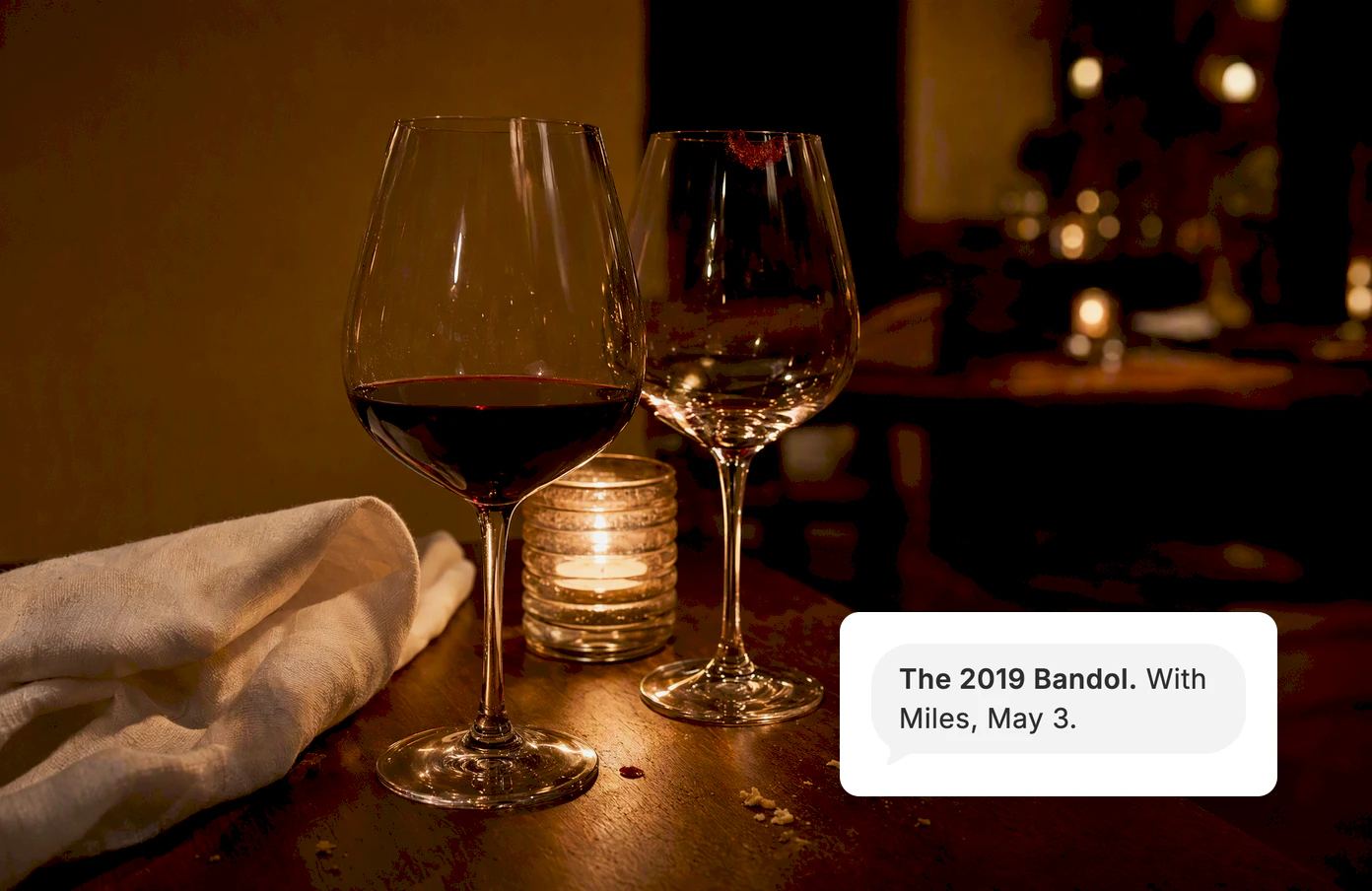 Two wine glasses on a restaurant table after dinner. Dvina: The 2019 Bandol. With Miles, May 3.