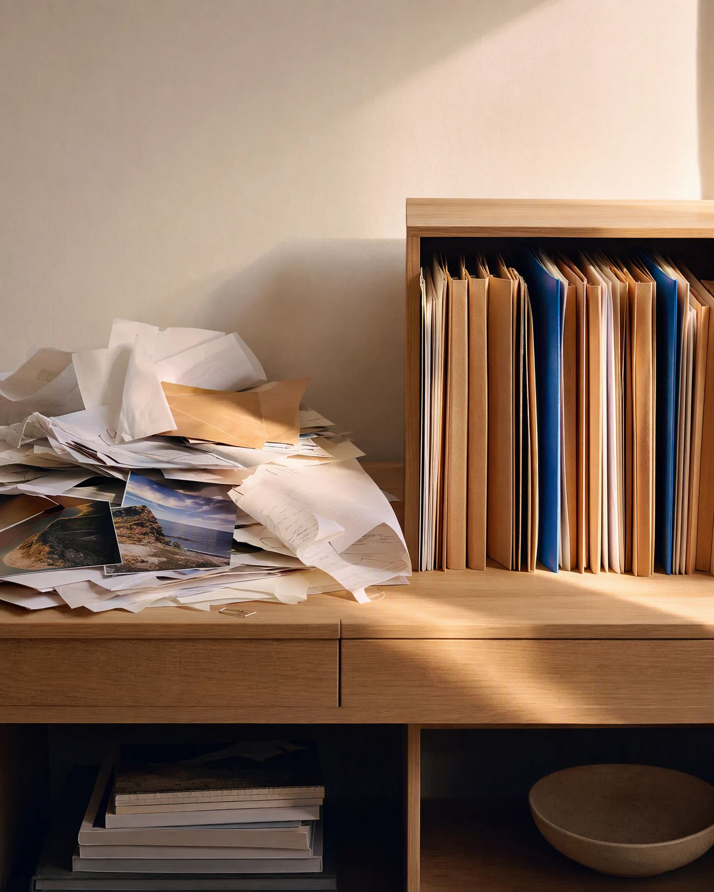 On one shelf, a loose pile of papers, receipts and photos on the left, and the same things neatly filed on the right.