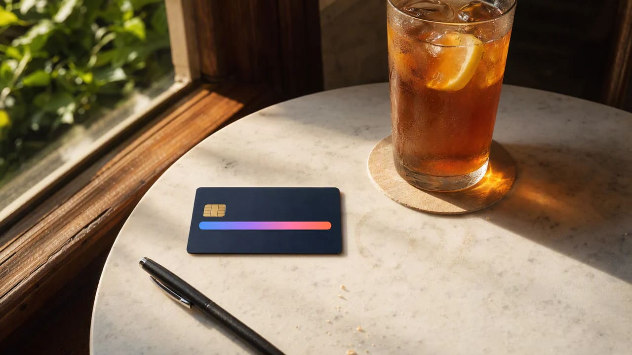 A debit card on a sunlit café table, its number under a slim bar of light.