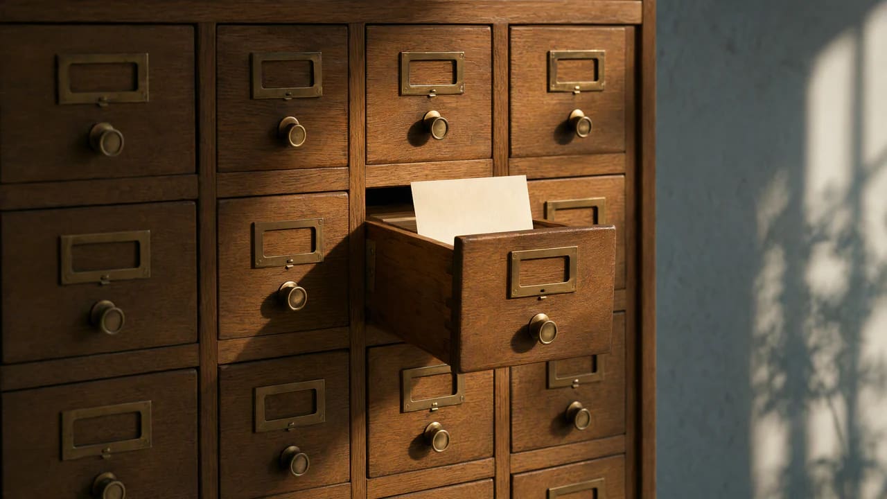 A card catalogue with every drawer shut but one, a single card lifted from it.