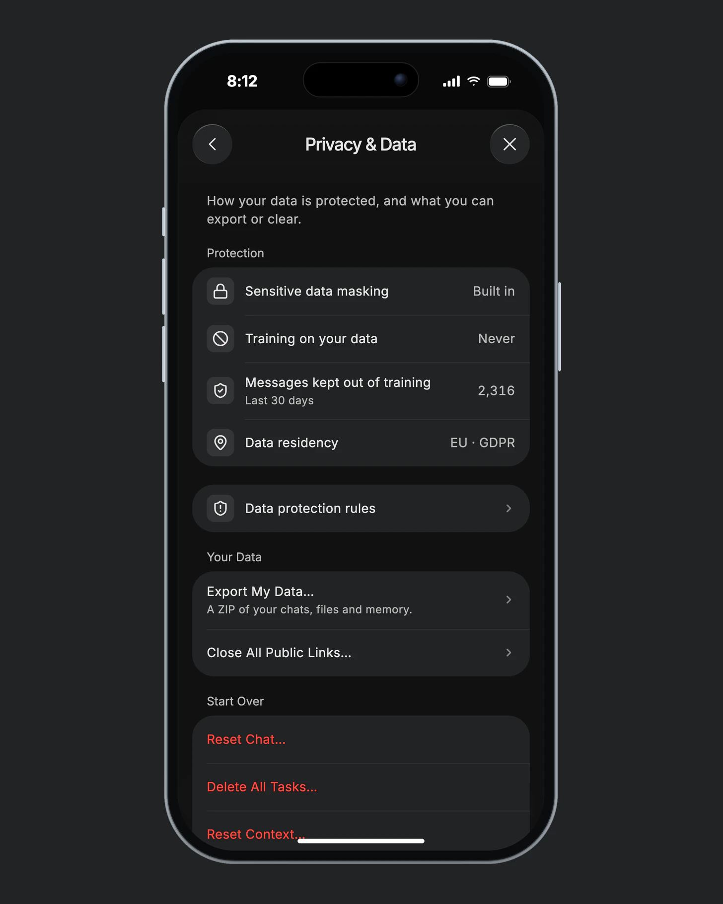 Settings › Privacy & Data on iPhone: sensitive data masking built in, training on your data never, 2,316 messages kept out of training, data residency EU · GDPR.