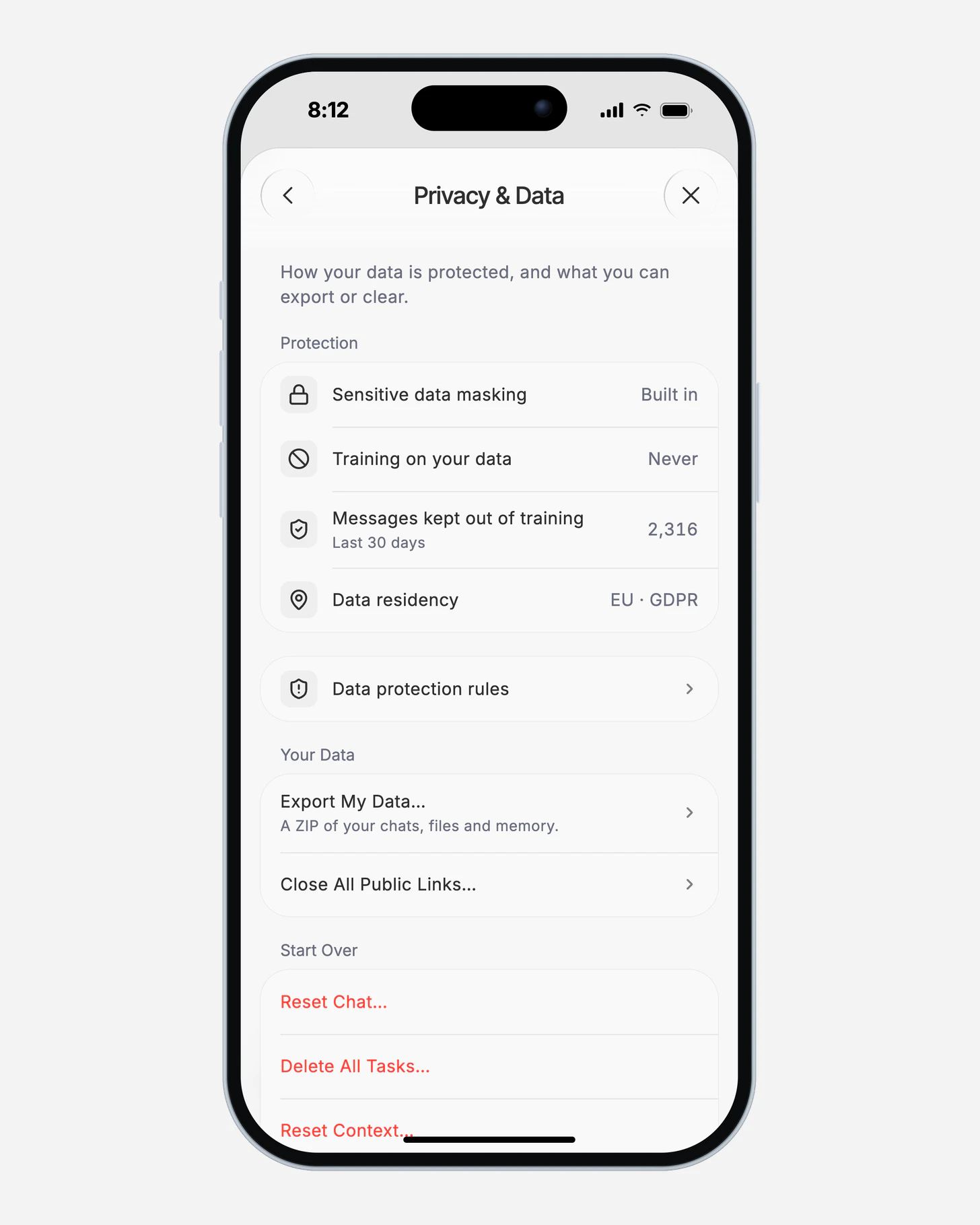 Settings › Privacy & Data on iPhone: sensitive data masking built in, training on your data never, 2,316 messages kept out of training, data residency EU · GDPR.