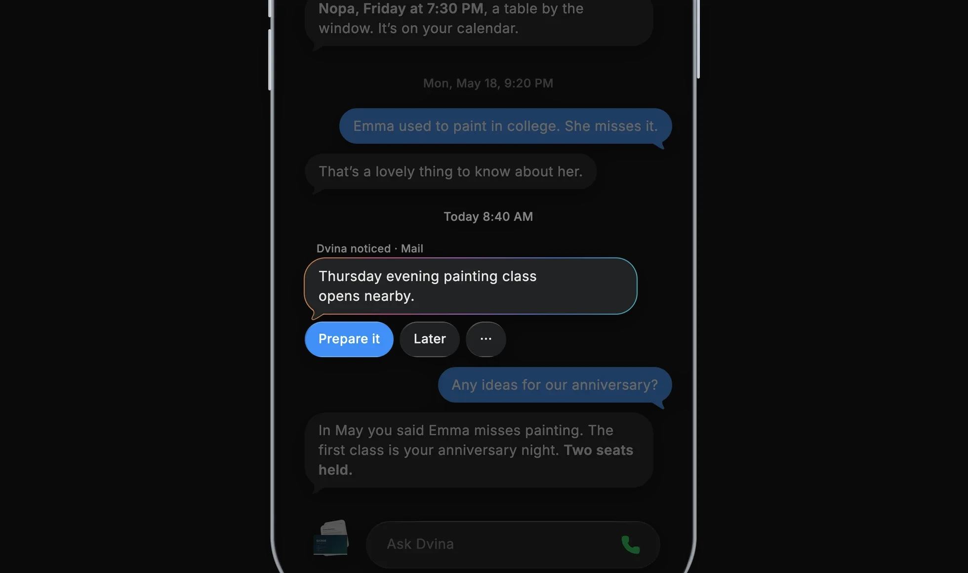 ایک iPhone پر Dvina کے ساتھ گفتگو۔ آج صبح Dvina کی روشنی میں نمایاں متن: قریب ہی جمعرات کی شام ہونے والی مصوری کی کلاس میں داخلے کھل گئے ہیں۔