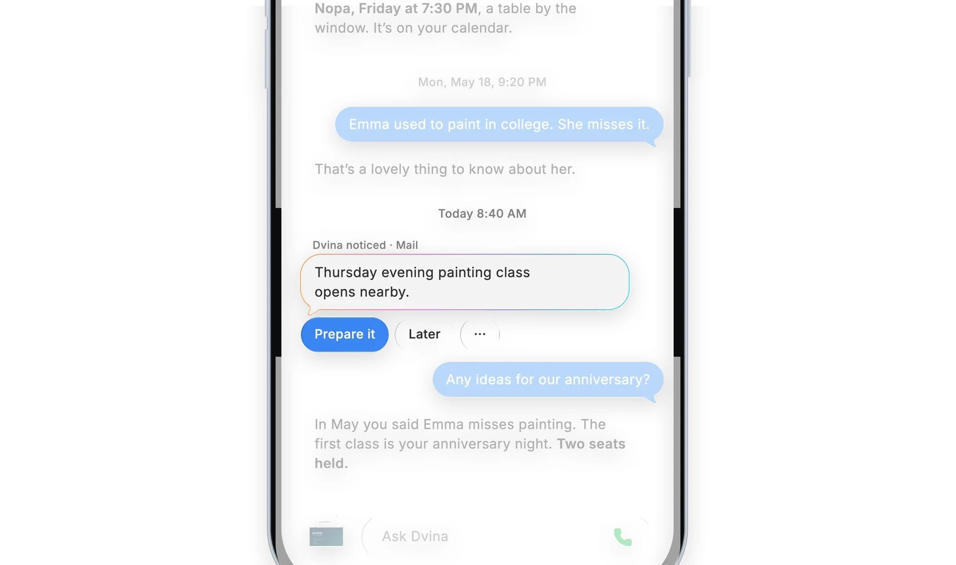ایک iPhone پر Dvina کے ساتھ گفتگو۔ آج صبح Dvina کی روشنی میں نمایاں متن: قریب ہی جمعرات کی شام ہونے والی مصوری کی کلاس میں داخلے کھل گئے ہیں۔