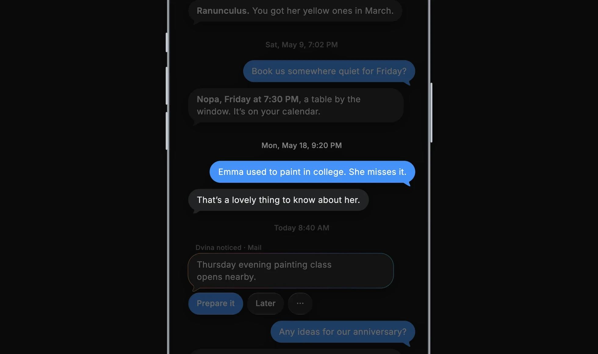 ایک iPhone پر Dvina کے ساتھ گفتگو۔ 18 مئی کا نمایاں متن: ایما کالج میں مصوری کیا کرتی تھی۔ اسے اس کی کمی محسوس ہوتی ہے۔