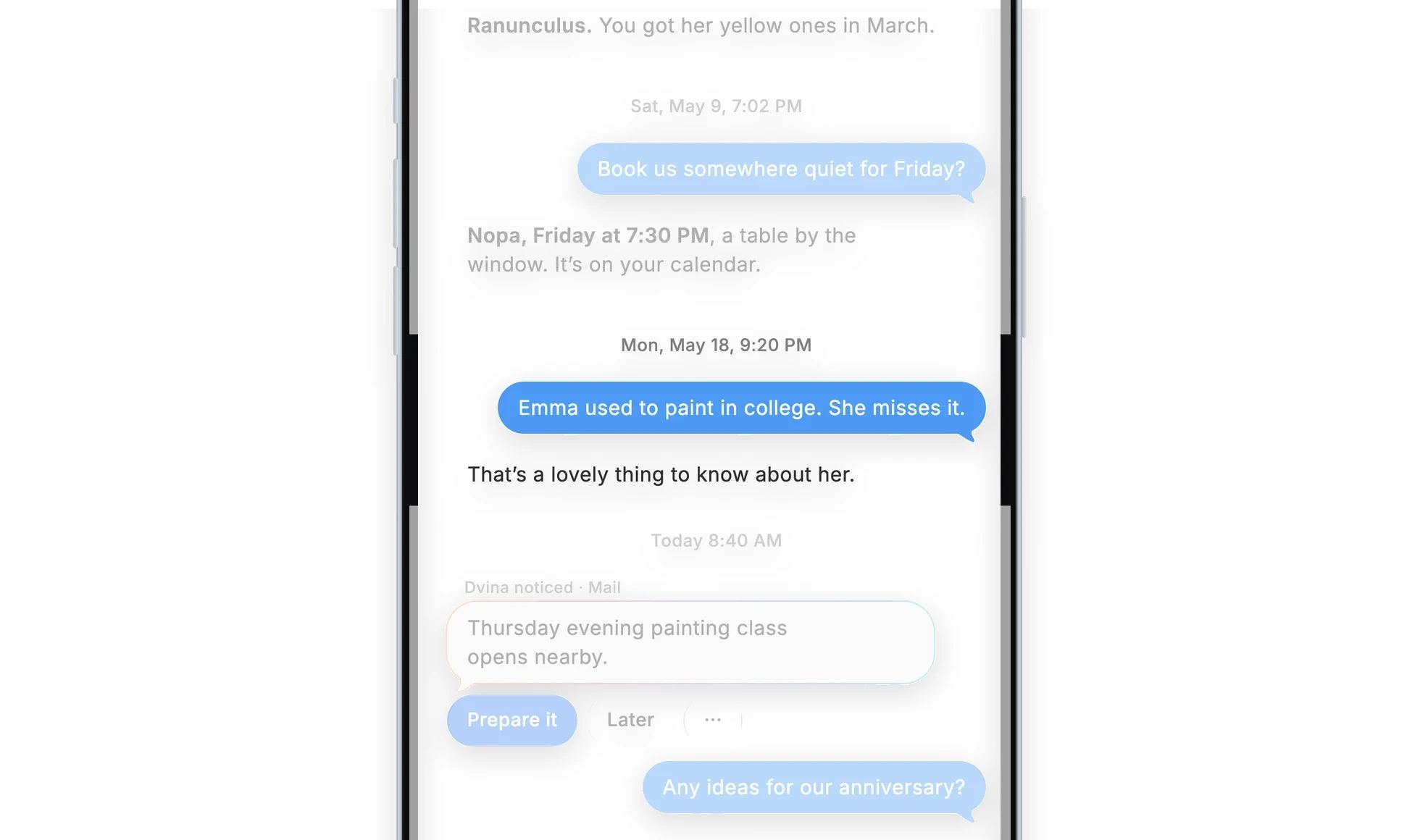 ایک iPhone پر Dvina کے ساتھ گفتگو۔ 18 مئی کا نمایاں متن: ایما کالج میں مصوری کیا کرتی تھی۔ اسے اس کی کمی محسوس ہوتی ہے۔