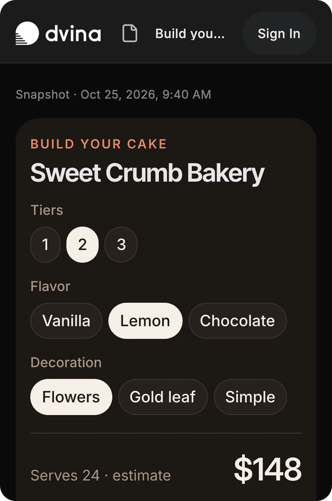Sweet Crumb Bakery’s Build your cake page at its Dvina link: 2 tiers, lemon, flowers, and an estimate of $148.