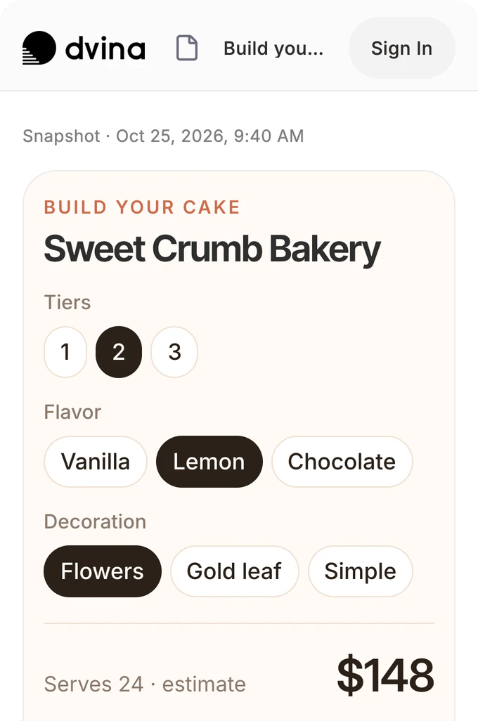 Sweet Crumb Bakery’s Build your cake page at its Dvina link: 2 tiers, lemon, flowers, and an estimate of $148.