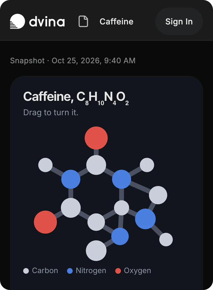 A teacher’s page at its Dvina link: caffeine as a ball-and-stick model, carbon, nitrogen and oxygen.