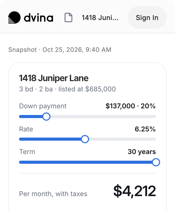 A realtor’s page at its Dvina link: 1418 Juniper Lane, 20% down at 6.25% over 30 years, $4,212 a month.