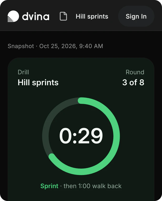 A coach’s page at its Dvina link: Hill sprints, round 3 of 8, 0:29 left on the ring.